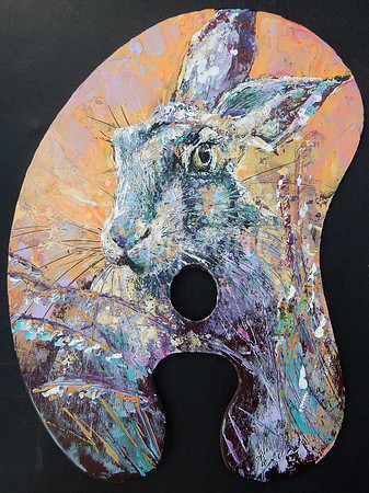Hare, palette knife acrylics on artist palette
