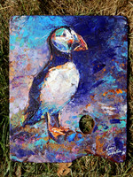 Puffin, palette knife acrylics on artist palette