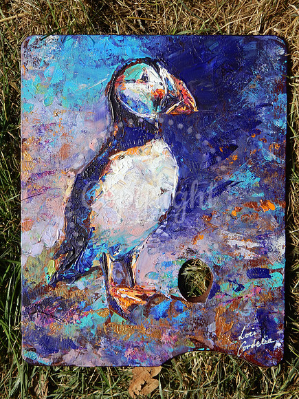 Puffin, palette knife acrylics on artist palette