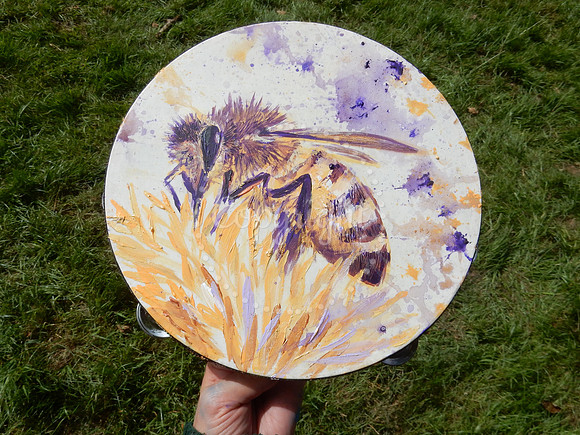 Honey Bee, acrylics on tambourine