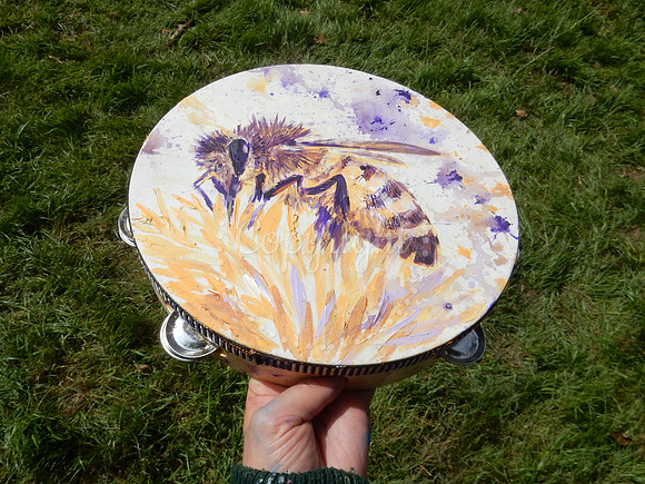 Honey Bee, acrylics on tambourine