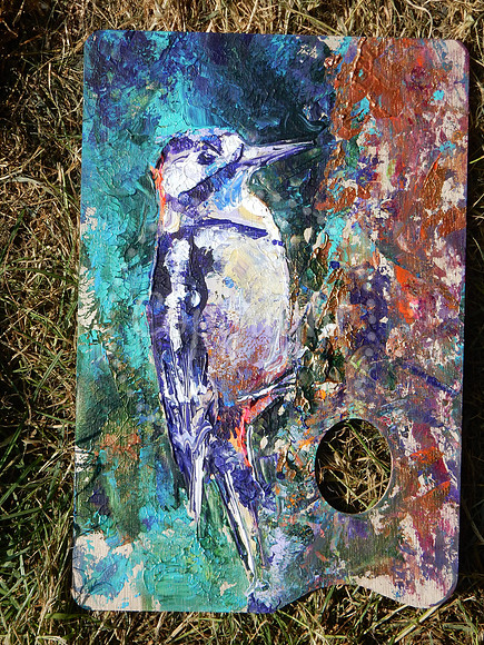 Woodpecker, palette knife acrylics on artist palette