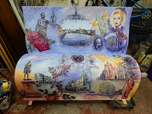 Vintage Aberdeen, design painted onto a fibreglass bookbench statue