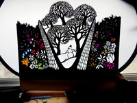Bespoke shadow puppet commission with coloured lighting gels