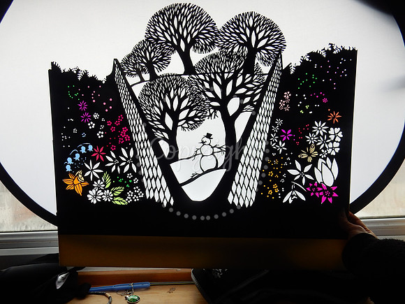 Bespoke shadow puppet commission with coloured lighting gels