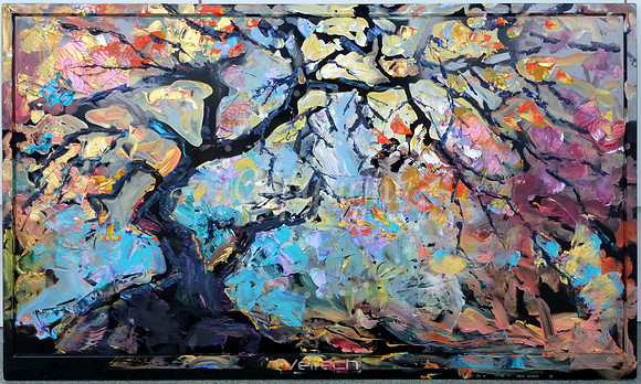 Autumn Japanese Maple, palette knife acrylics on recycledd television