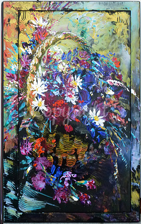 Flower Basket, palette knife acrylics on recycled television