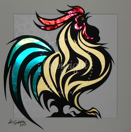 Rooster in red, gold and green